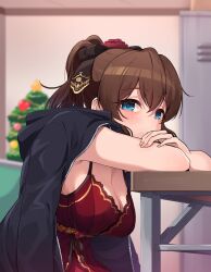Rule 34 | 1girl, arm rest, armpit peek, black jacket, blue eyes, blush, breasts, brown hair, christmas tree, cleavage, commentary, crossed arms, dress, highres, idolmaster, idolmaster million live!, indoors, jacket, jacket on shoulders, kamille (vcx68), large breasts, locker, looking at viewer, ponytail, red dress, redrawn, satake minako, sleeveless, sleeveless dress, solo
