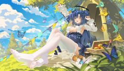 1girl alternate_costume arm_up blue_archive blue_hair blue_sky breasts bug butterfly camping cat cleavage cloud cloudy_sky feet food fruit halo hand_up heiyizhushenxia insect large_breasts legs long_hair long_sleeves looking_at_viewer no_shoes one_eye_closed open_mouth outdoors sitting skirt sky solo stretching thighhighs toes white_thighhighs yawning yuuka_(blue_archive)