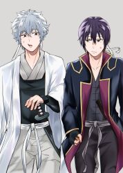 2boys aged_down black_coat black_gloves black_pants coat commentary commentary_request fingerless_gloves gintama gloves green_eyes grey_hair grey_kimono grey_pants haori headband highres japanese_clothes katana kimono long_coat looking_at_viewer male_focus multiple_boys official_alternate_costume pants purple_hair red_eyes sakata_gintoki sayu_0_gn sheath sheathed sword takasugi_shinsuke weapon white_haori white_headband