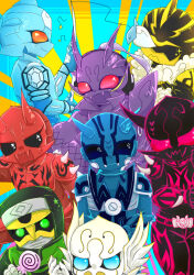 8boys armor bear bird black_armor black_eyes black_markings blue_armor blue_eyes bubble candy chibi coat deneb dragon fangs feather_hair fish fishing_rod food fur_coat green_armor green_eyes hand_on_wall headphones heart hood horns kamen_rider kamen_rider_den-o_(series) kintaros lollipop male_focus momotaros monster monster_boy multiple_boys musical_note negataros oni open_mouth orange_eyes ponytail purple_armor purple_hair red_armor red_eyes red_markings ryutaros shaped_pupil sharp_teeth sieg sleeping spiked_armor squeans star_(symbol) swan sweat sweatdrop symbol-shaped_pupils teddy_(kamen_rider_den-o) teeth turtle urataros white_armor x-shaped_pupils yellow_armor yellow_markings
