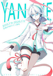 1girl absurdres black_shorts blue_headset blue_nails boots cardiogram cardiogram_print character_name chinese_knot chinese_text english_text hand_on_own_chest headset highres jacket jing_hua_shui_yue_3384 long_sleeves red_ribbon ribbon short_hair short_shorts shorts solo thigh_strap watermark weibo_watermark white_background white_boots white_hair white_jacket wide_sleeves wristband yanhe yanhe_v3