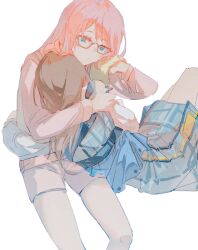 2girls arm_around_waist bang_dream! bang_dream!_it&#039;s_mygo!!!!! blue_dress blue_eyes chihaya_anon chinese_commentary closed_mouth commentary_request dress e-fa-dorn glasses hand_on_another&#039;s_shoulder highres hug long_hair long_sleeves lying_on_lap multiple_girls nagasaki_soyo pink_hair pink_shirt pink_shorts shirt shorts simple_background towel white_background yuri