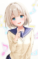1girl absurdres beamed_eighth_notes blonde_hair blue_eyes blue_sailor_collar blue_skirt blush ca_paria cardigan collarbone eighth_note head_tilt highres idolmaster idolmaster_shiny_colors index_finger_raised looking_at_viewer musical_note musical_note_background open_mouth plaid_clothes plaid_skirt sailor_collar school_uniform serizawa_asahi short_hair skirt solo teeth upper_body upper_teeth_only white_background yellow_cardigan