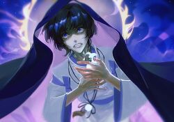 Rule 34 | 1boy, arhnt, black hair, blue fire, clothing cutout, clutching chest, crying, crying with eyes open, eyelashes, eyeliner, eyeshadow, feathers, fire, genshin impact, grey lips, hands on own chest, hands up, highres, japanese clothes, kariginu, layered sleeves, long sleeves, looking up, makeup, male focus, open mouth, pale skin, pom pom (clothes), purple eyes, purple sash, purple sleeves, purple veil, red eyeliner, red eyeshadow, sash, scaramouche (genshin impact), scaramouche (kabukimono) (genshin impact), shoulder cutout, solo, string, sun, tasuki, tears, upper body, veil, white mouth, white sleeves, wide-eyed, wide sleeves, yellow feathers