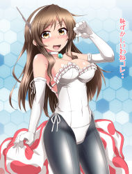 1girl antennae ashigara_(kancolle) black_pantyhose breasts brown_eyes brown_hair burusuta choker cleavage cosplay cowboy_shot creatures_(company) elbow_gloves fang female_focus fins fish_tail game_freak gen_1_pokemon gloves goldeen goldeen_(cosplay) hairband honeycomb_(pattern) honeycomb_background kantai_collection large_breasts leotard long_hair looking_at_viewer misty_(pokemon) misty_(pokemon)_(cosplay) nintendo pantyhose playboy_bunny pokemon pokemon_(anime) pokemon_(classic_anime) pokemon_ep043 seamed_legwear skin_fang solo strapless strapless_leotard sweatdrop tail translated white_gloves white_hairband white_leotard