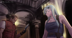 1boy 1girl alternate_costume barry_burton black_gloves brown_hair collarbone commentary_request cosplay crossover facial_hair fingerless_gloves fish gloves green_hair grey_eyes hair_ornament hairclip holding holster jill_valentine jill_valentine_(cosplay) kantai_collection long_hair misumi_(niku-kyu) mustache off_shoulder parody resident_evil resident_evil_(remake) resident_evil_3:_nemesis saury suzuya_(kancolle) twitter_username