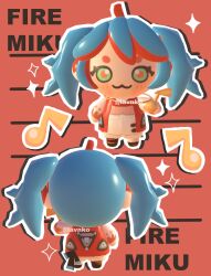 1girl 3d :3 absurdres blue_hair blush chibi chibi_only fire_miku_(project_voltage) green_eyes hatsune_miku highres jacket lavy_(lavnko) musical_note nintendo official_alternate_costume outline pokemon project_voltage red_hair smile vocaloid white_outline