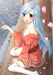 Rule 34 | 1boy, absurdres, akagi kurage, blue eyes, blue hair, crossdressing, crossdressing (mtf), highres, japanese clothes, kimono, long hair, male focus, original, sakura, solo, thighhighs, trap, white thighhighs