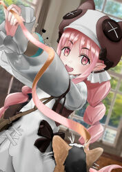 1girl blush braid breasts brown_hat button_eyes buttons cat fate/grand_order fate_(series) habetrot_(fate) hat highres kebab_(blackdoll) long_hair long_sleeves looking_at_viewer open_mouth pink_hair pointy_ears red_eyes sidelocks small_breasts smile twin_braids yarn