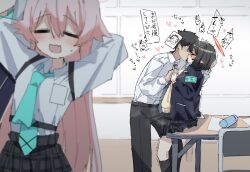 1boy 3girls :d ayane_(blue_archive) black_hair black_jacket blue_archive blush closed_eyes collared_shirt desk doodle_sensei_(blue_archive) faceless french_kiss ga-chan_(kokonattusoul) hetero hoshino_(blue_archive) interlocked_fingers jacket kiss multiple_girls open_mouth pink_hair plaid_clothes plaid_skirt pleated_skirt school_desk school_uniform sensei_(blue_archive) shiroko_(blue_archive) shirt short_hair skirt smile standing sweat