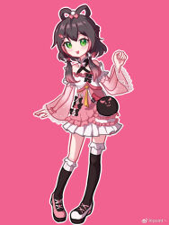 Rule 34 | 1girl, asymmetrical footwear, asymmetrical legwear, bare shoulders, black socks, black thighhighs, blush, chinese commentary, detached sleeves, dress, full body, gradient hair, green eyes, grey hair, hair ornament, hair rings, highres, long hair, looking at viewer, luo tianyi, mismatched footwear, multicolored hair, open mouth, pink background, pink dress, pink hair, pink shoes, pointzhu, see-through clothes, see-through sleeves, shoes, simple background, smile, socks, solo, standing, thighhighs, uneven legwear, vocaloid, vsinger (vocaloid), watermark, weibo username, weibo watermark, white shoes, wide sleeves