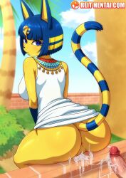 after_vaginal aftersex animal_crossing animal_ears ankha_(animal_crossing) anus ass blue_eyes blue_hair cat_ears cat_tail colored_skin cum cum_in_pussy cumdrip dress from_behind furry furry_female furry_with_non-furry highres interspecies nintendo outdoors penis pussy reit sitting tail uncensored white_dress yellow_skin