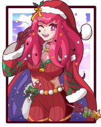 blue_cape bodysuit cape christmas facial_mark fire_emblem fire_emblem_engage fire_emblem_heroes hair_ornament hat highres holly holly_hair_ornament hoshinokotta ice_pick multicolored_cape nintendo official_alternate_costume red_bodysuit red_cape sack santa_hat solo star_(symbol) star_facial_mark star_hair_ornament star_print two-tone_cape yunaka_(fire_emblem) yunaka_(spirited_envoy)_(fire_emblem)