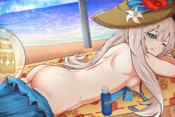 ass ball beach blue_eyes bottom-down_top_up breasts fate/grand_order fate_(series) flower hat hat_flower hat_ornament looking_at_viewer lotion lying marie_antoinette_(fate) marie_antoinette_(swimsuit_caster)_(third_ascension)_(fate) medium_breasts mole mole_on_ass ocean one_eye_closed ran_sk ribbon sparkle sunscreen tongue tongue_out twintails volleyball_(object)