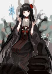 1girl absurdres black_hair disembodied_hand double_v fate/grand_order fate_(series) flower hair_flower hair_ornament highres japanese_clothes kimono komahime_(fate) long_hair red_eyes seiza sitting smile thumbs_up tokoni_fusu v very_long_hair