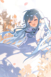 1girl bang_dream! bang_dream!_it&#039;s_mygo!!!!! black_ribbon blue_hair closed_eyes commentary_request dress floating_hair hair_ribbon highres long_hair open_mouth ribbon sidelocks smile solo togawa_sakiko tucking_hair white_dress yayako_(804907150)