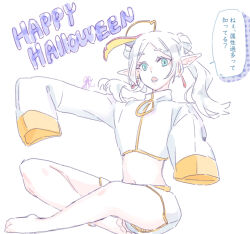 1girl absurdres barefoot crop_top cropped_jacket double_bun earrings elf forehead frieren green_eyes hair_bun happy_halloween hat highres jacket jewelry long_hair long_sleeves looking_at_viewer midriff mini_hat navel open_mouth parted_bangs pointy_ears seila_rei short_eyebrows shorts simple_background sitting sleeves_past_fingers sleeves_past_wrists solo sousou_no_frieren thick_eyebrows tilted_headwear translation_request twintails white_background white_hair white_hat white_jacket white_shorts