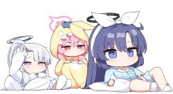 3girls blue_archive blue_pajamas chibi chibi_only commentary cosplay dress full_body grey_hair halo hood hood_up kigurumi koyuki_(blue_archive) koyuki_(pajamas)_(blue_archive) looking_ahead multiple_girls noa_(blue_archive) noa_(pajamas)_(blue_archive) official_alternate_costume pajamas photo-referenced pink_hair purple_hair seminar_(blue_archive) simple_background sitting tagyeokgam white_background white_dress yuuka_(blue_archive) yuuka_(pajamas)_(blue_archive)