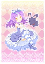 1girl alternate_costume argyle_background argyle_clothes blue_dress blue_thighhighs bow dress eiyuu_densetsu falcom female_focus flat_chest full_body hair_ribbon pink_background purple_hair renne_(eiyuu_densetsu) ribbon saru shoes short_hair smile solo sora_no_kiseki striped_clothes striped_thighhighs thighhighs yellow_eyes