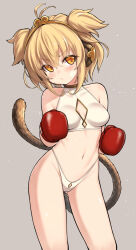 1girl alphy andira_(granblue_fantasy) animal_ears antenna_hair bandaid bandaid_on_face blonde_hair blush boxing boxing_gloves breasts cleavage_cutout clothing_cutout commentary_request erune gloves granblue_fantasy highleg highleg_panties highres leotard looking_at_viewer medium_breasts midriff monkey_ears monkey_girl monkey_tail navel paid_reward_available panties pouty_lips short_hair sports_bra stomach tail twintails underwear yellow_eyes