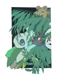blue_eyes butterfree caterpie celebi commentary_request fangs gen_1_pokemon gen_2_pokemon gen_3_pokemon hase_gozi2 highres leaf legendary_pokemon looking_down mythical_pokemon nintendo no_humans on_head open_mouth paras pokemon pokemon_(creature) pokemon_on_head smile tongue tropius