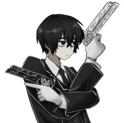 Rule 34 | 1boy, animal print, bags under eyes, black butterfly, black eyes, black hair, black necktie, black suit, bug, butterfly, collared shirt, crossed bangs, double-parted bangs, dual wielding, e.g.o (project moon), formal clothes, gloves, gun, highres, holding, holding gun, holding weapon, insect, limbus company, male focus, merukosu, necktie, project moon, shirt, solemn lament (e.g.o), solo, suit, upper body, weapon, white background, white butterfly, white gloves, white shirt, yi sang (project moon)