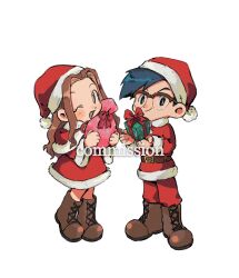 Rule 34 | 1boy, 1girl, blue hair, blush, brown hair, christmas, digimon, digimon adventure, glasses, highres, kido jo, one eye closed, tachikawa mimi, wink