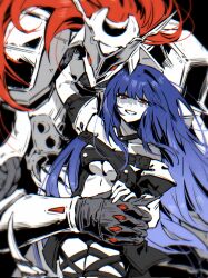 2girls bare_shoulders black_background blue_hair breasts commentary dizzy_(guilty_gear) english_commentary evil_grin evil_smile floating_hair grin guilty_gear hair_down half-closed_eyes highres justice_(guilty_gear) ky_gwangin long_hair looking_at_viewer medium_breasts mother_and_daughter multiple_girls partially_colored red_eyes red_hair shaded_face smile very_long_hair wind