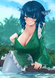 1girl absurdres breasts cleavage drill_hair drill_sidelocks fins frilled_kimono frills green_kimono head_fins highres huge_breasts japanese_clothes kimono mermaid monster_girl sash shinonome_zakuro sidelocks solo touhou wakasagihime