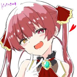 1girl :d bare_shoulders blush commentary_request fang gloves hair_between_eyes hair_ribbon hand_up head_tilt heart heterochromia highres hololive houshou_marine houshou_marine_(1st_costume) kiritoma long_hair looking_at_viewer open_mouth orange_eyes purple_eyes red_hair red_ribbon ribbon signature simple_background sleeveless sleeveless_jacket smile solo twintails upper_body v virtual_youtuber white_background white_gloves