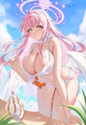 1girl absurdres beach bikini bird blue_archive blue_sky blush breasts choker cloud crab feathered_wings frilled_bikini frills grass halo highres kururu_(qqqqq59508750) large_breasts looking_at_viewer low_wings mika_(blue_archive) mika_(swimsuit)_(blue_archive) official_alternate_costume pink_hair pink_halo sand seagull seashell shell sky solo swimsuit thick_thighs thighs white_bikini white_choker wide_hips wing_ornament wings yellow_eyes