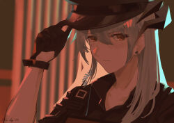 Rule 34 | 1girl, 1solis000, absurdres, arknights, black gloves, black hat, commentary, dragon girl, dragon horns, earrings, english commentary, gloves, grey hair, hat, highres, horns, jewelry, mixed-language commentary, official alternate costume, orange eyes, police, police hat, police uniform, saria (arknights), saria (the law) (arknights), solo, stud earrings