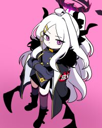Rule 34 | 1girl, ahoge, armband, black coat, black gloves, black skirt, black thighhighs, blue archive, breasts, coat, coat on shoulders, demon girl, demon horns, demon wings, full body, gloves, highres, hina (blue archive), horns, jorang (jorang08), long hair, looking at viewer, purple eyes, red armband, simple background, skirt, small breasts, solo, standing, thighhighs, white hair, wings