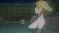 1boy 3girls animal_ears animated anime_screenshot ass back backboob black_hair blonde_hair blue_eyes blush breasts cat_ears cat_girl cecile_(aiomodarkelf) chotto_dake_ai_ga_omoi_dark_elf_ga_isekai_kara_oikakete_kita closed_eyes collarbone dark-skinned_female dark_elf dark_skin elf green_eyes hair_bun highres large_breasts magic magic_circle mariabelle_(chotto_dake_ai_ga_omoi_dark_elf_ga_isekai_kara_oikakete_kita) mei_(aiomodarkelf) mole mole_under_eye multiple_girls nail_polish navel nipples onsen orange_hair partially_submerged pink_hair pointy_ears purple_nails shoulder_blades sidelocks slit_pupils smile sound stomach sunohara_hinata tagme thighs video water wide_hips yellow_eyes