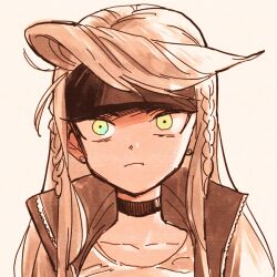 Rule 34 | 1girl, berit (eisu), black choker, blonde hair, braid, choker, ear piercing, eisu (eith), eyelashes, green eyes, headband, highres, long hair, monochrome, original, piercing, popped collar, sepia, sidelocks, simple background, swept bangs, tsurime, twin braids, white background