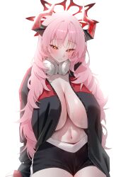 1girl absurdres agnamore black_horns black_jacket black_shoes blue_archive blush breasts cleavage closed_mouth commentary halo headphones headphones_around_neck highres horns huge_breasts jacket long_hair long_sleeves mole mole_on_breast multicolored_horns navel open_clothes open_jacket pink_hair red_halo red_horns red_jacket satsuki_(blue_archive) shoes simple_background solo stomach sweat thighs two-tone_horns white_background yellow_eyes