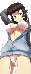 1girl arm_behind_head bikini blush breasts brown_hair crotch erakin girls_und_panzer green_eyes highres jacket keizoku_military_uniform large_breasts looking_at_viewer military_uniform navel no_pants open_mouth pompadour simple_background solo swimsuit track_jacket white_background white_bikini yuri_(girls_und_panzer)