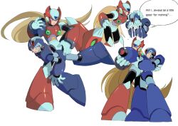 Rule 34 | 2boys, arm cannon, armor, blonde hair, blue armor, blue eyes, blue helmet, chest jewel, crying, forehead jewel, full body, green eyes, helmet, highres, lidian s, long hair, male focus, mega man (series), mega man x (series), missing commentary, multiple boys, red armor, red helmet, simple background, weapon, white background, x (mega man), zero (mega man)