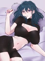 1girl black_shirt black_shorts blue_eyes blue_hair breasts cleavage commentary crop_top female_byleth_(fire_emblem) fire_emblem fire_emblem:_three_houses hair_between_eyes highres large_breasts long_hair looking_at_viewer lying medium_hair midriff navel nintendo on_back serafineart1001 shirt shorts solo