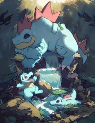 Rule 34 | afloat, arc draws, branch, closed eyes, commentary, crocodilian, english commentary, feraligatr, forest, gen 2 pokemon, highres, leaf, lying, moss, nature, nintendo, no humans, on stomach, open mouth, outdoors, pokemon, pokemon (creature), red eyes, sharp teeth, sleeping, teeth, totodile, twitter username, water, waterfall