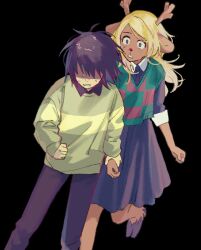 1girl 1other animal_ears antlers beryllium_game black_background black_shirt black_skirt blonde_hair brown_hair checkered_sweater_vest clenched_hand collared_shirt commentary deer_antlers deer_ears deer_girl deltarune furry furry_female green_sweater green_sweater_vest grey_eyes hashtag-only_commentary highres holding_hands hooves horns kris_(deltarune) noelle_holiday partially_shaded_face running shirt short_hair simple_background skirt striped_clothes striped_sweater sweat sweater sweater_vest