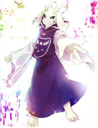 1boy asriel_dreemurr black_sclera claws colored_sclera facial_mark fang full_body furry furry_male goat_boy heart heart_necklace horns jewelry leftporygon long_sleeves male_focus necklace purple_vest red_eyes smile solo undertale vest white_fur white_sleeves