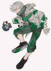 Rule 34 | 1boy, arm up, black pants, black shoes, capri pants, closed mouth, commentary request, crossover, facial mark, fish, full body, grey eyes, grey hair, grey jacket, holding, holding spray can, hood, hooded jacket, ink, inumaki toge, jacket, jujutsu kaisen, looking at another, male focus, mim (mimya0600), nintendo, open clothes, open jacket, pants, profile, red eyes, shoes, short hair, smallfry (splatoon), solo, splatoon (series), spray can, stained clothes