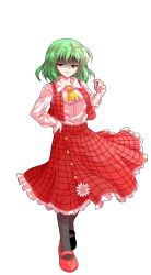 1girl ascot black_pantyhose dairi frilled_skirt frills full_body green_hair hand_on_own_hip highres kazami_yuuka pantyhose plaid_clothes plaid_skirt plaid_vest red_shoes red_skirt red_vest shirt shoes short_hair skirt solo tachi-e touhou transparent_background vest white_shirt yellow_ascot