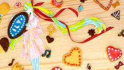 Rule 34 | 1girl, aqua hair, beamed eighth notes, blonde hair, blue pantyhose, closed eyes, closed mouth, commentary request, cookie, cowboy shot, diagonal-striped legwear, dress, eighth note, floating hair, food, from side, green hair, hair ribbon, hatsune miku, heart, holding, holding cookie, holding food, knees together feet apart, long hair, long sleeves, masking tape (medium), mixed media, musical note, ojama mushi (vocaloid), original, pantyhose, parted bangs, photo (medium), pink dress, profile, red ribbon, ribbon, ryono, smile, solo, traditional media, triangle, twintails, unconventional media, very long hair, vocaloid, white pantyhose