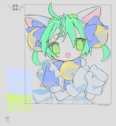 1girl :d animal_ears animal_hands animal_hat apron bandaid bandaid_on_face bell blue_bow blue_dress bow cat_ears cat_hat copyright_name dejiko di_gi_charat dress fpwrs gloves green_eyes green_hair hair_bell hair_bow hair_ornament hands_up hat highres jingle_bell looking_at_viewer mittens neck_bell open_mouth paw_gloves puffy_short_sleeves puffy_sleeves short_hair short_sleeves smile solo white_apron white_mittens