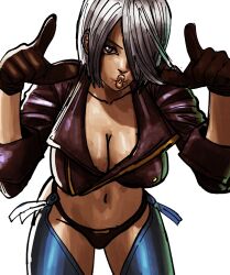 1girl angel_(kof) bentaecool blue_eyes breasts cleavage female_focus gloves highres jacket large_breasts leather leather_gloves leather_jacket looking_at_viewer pale_skin panties short_hair taedaartist the_king_of_fighters thick_lips thighs underwear white_hair