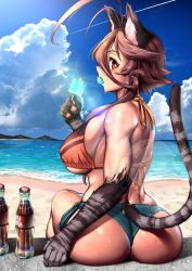 1girl ahoge animal_ears animal_hands antenna_hair arm_at_side ass back bare_legs bare_shoulders beach bikini bikini_top_only blue_shorts blue_sky bottle breasts brown_eyes brown_hair cat_ears cat_girl cat_paws cat_tail cloud cloudy_sky cola contrail day denim denim_shorts eating female_focus food food_in_mouth from_behind hair_between_eyes hand_up holding huge_ahoge huge_ass large_breasts long_hair looking_at_viewer looking_back micro_shorts mouth_hold muscular muscular_female ocean orange_bikini original outdoors popsicle profile red_eyes shore short_shorts shorts sideboob sitting sky soda_bottle solo swimsuit tail thong thong_shorts toned twisted_torso underboob water yagatake_arashi_(nekoarashi) yana_(nekoarashi)