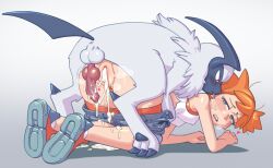 1boy 1girl absol animal_penis bestiality blue_eyes cum cum_in_pussy darkbot dog_penis doggystyle gen_3_pokemon highres interspecies knotted_penis knotting legs looking_back medium_hair misty_(pokemon) nintendo orange_hair penis pokemon pokemon_(creature) pokemon_lgpe pokephilia sex sex_from_behind shoes sneakers sweat sweatdrop uterus vaginal wet