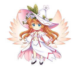 1girl a-pose aged_up alternate_hair_length alternate_hairstyle bare_shoulders blue_eyes breasts chibi danmaku dress fairy fairy_wings flower full_body game_cg hair_flower hair_ornament hat hat_flower highres lily_white lily_white_(fairy_who_heralded_too_much_spring) long_hair medium_breasts official_art orange_hair petals rotte_(1109) smile solo sprite third-party_source touhou touhou_lostword very_long_hair white_dress wings witch_hat